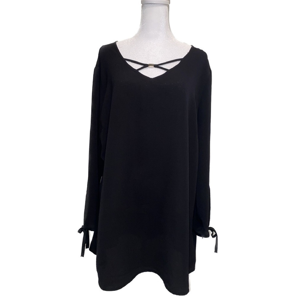 JM Collection Black Blouse With Lattice Cut-outs Size XL